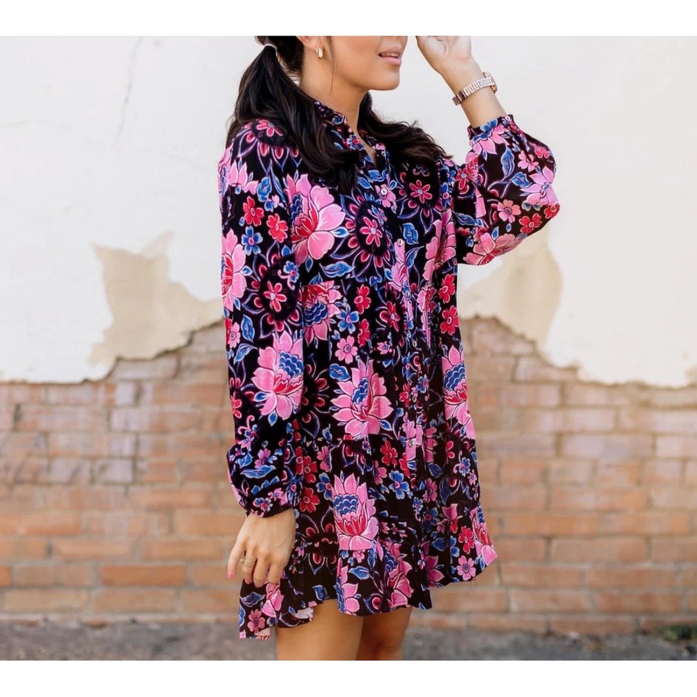 Zara Womens Small Black Pink Floral Paisley Tiered Babydoll‎ Mini Shirt Dress